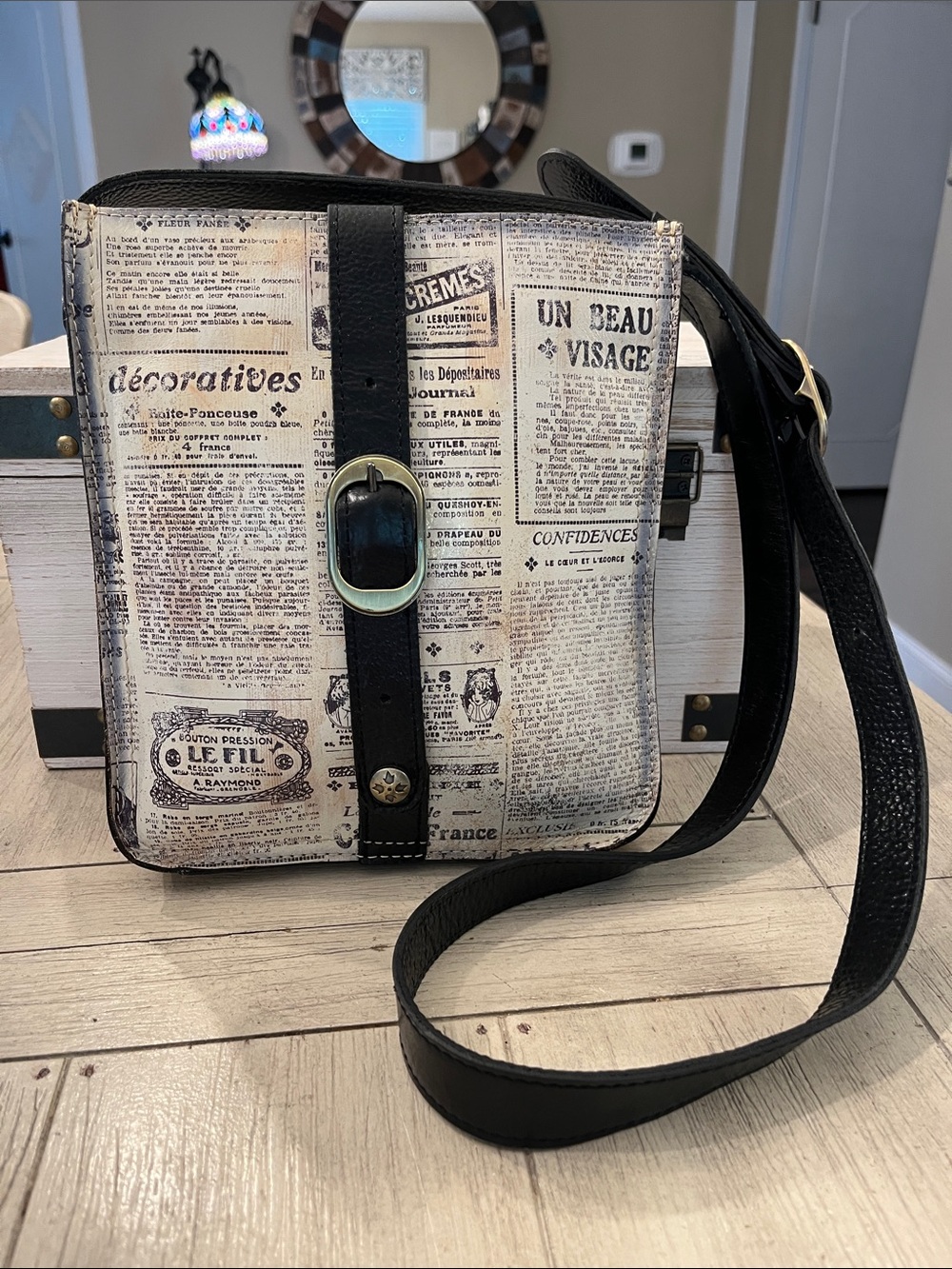 Patricia Nash Black & Beige Newspaper Print Crossbody
